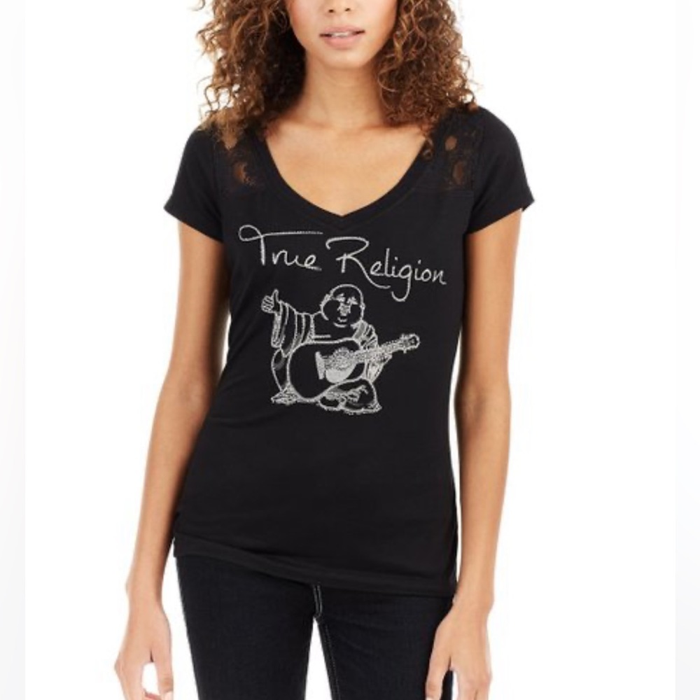 True Religion V Neck Tee with Rhinestone Buddha and Lace Shoulder